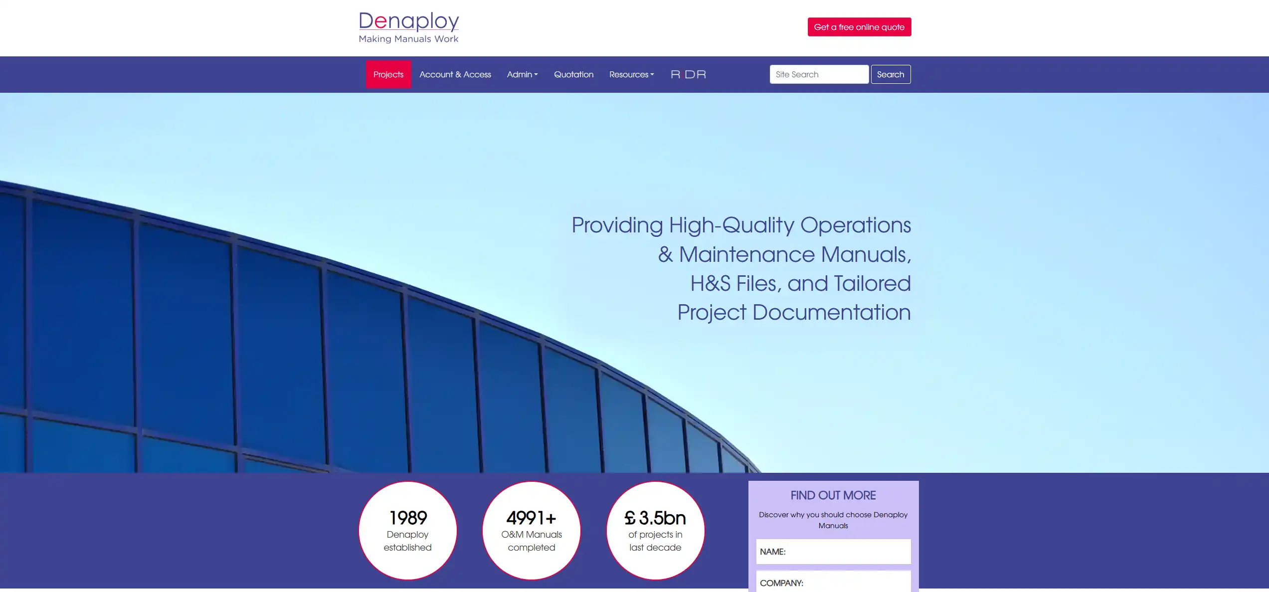 Denaploy Manuals home page with project, account and quotation navigation and document search