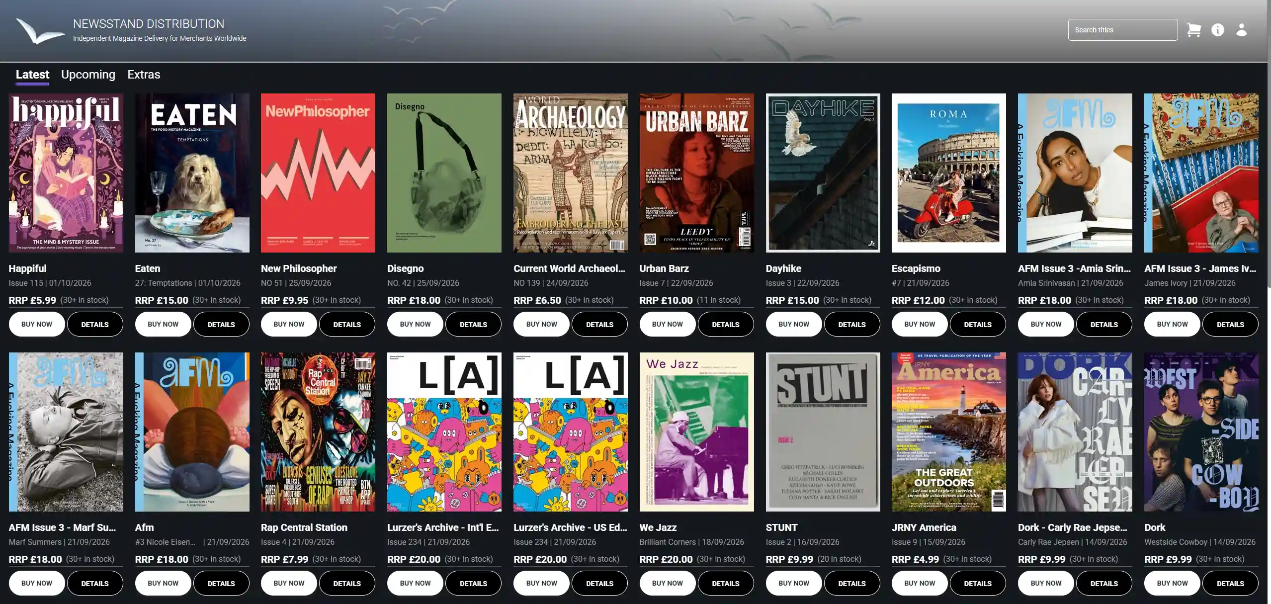 Newsstand stockists portal showing the latest magazine issues with trade prices, stock levels and order buttons